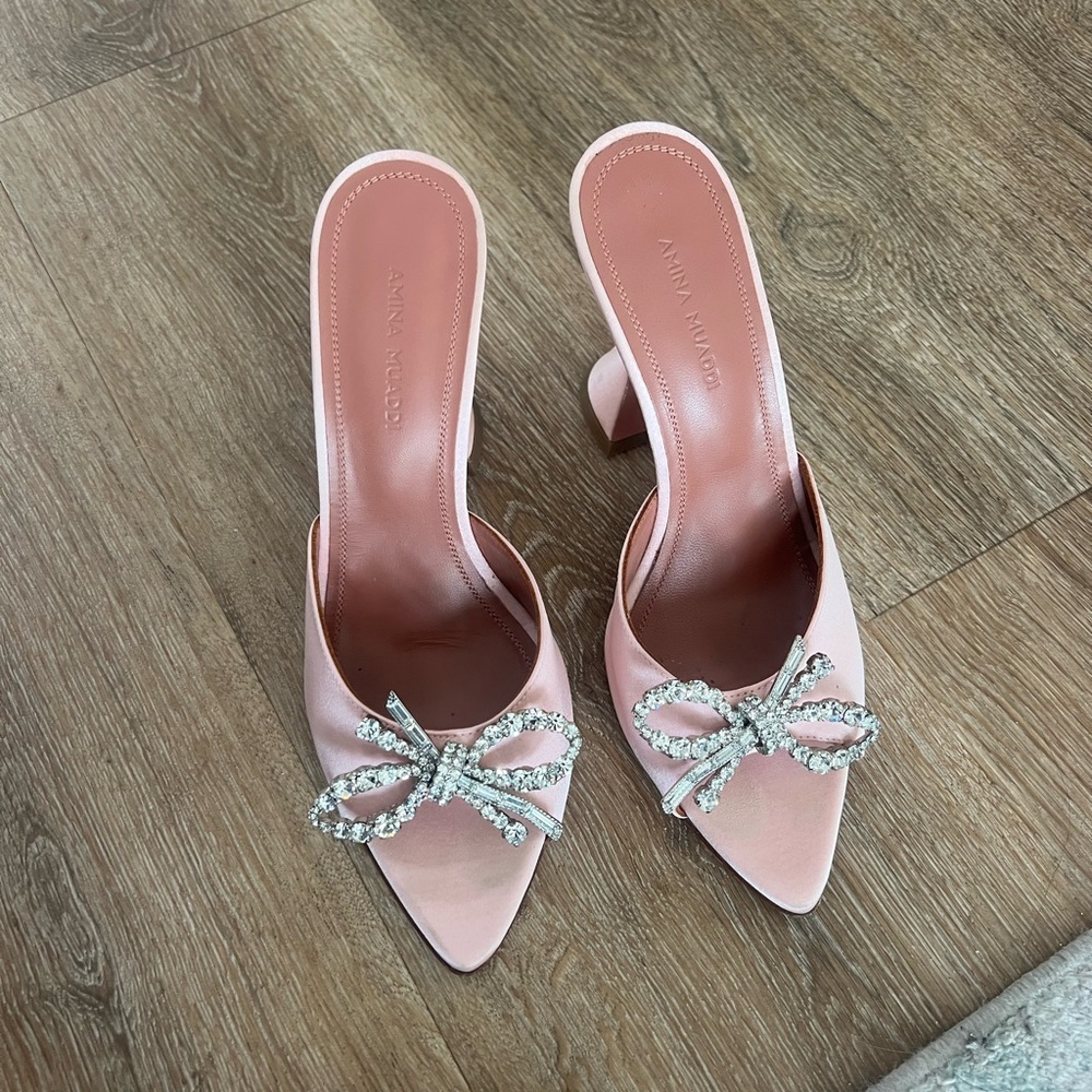 Amina Muaddi Pink Satin Crystal Bow Mules